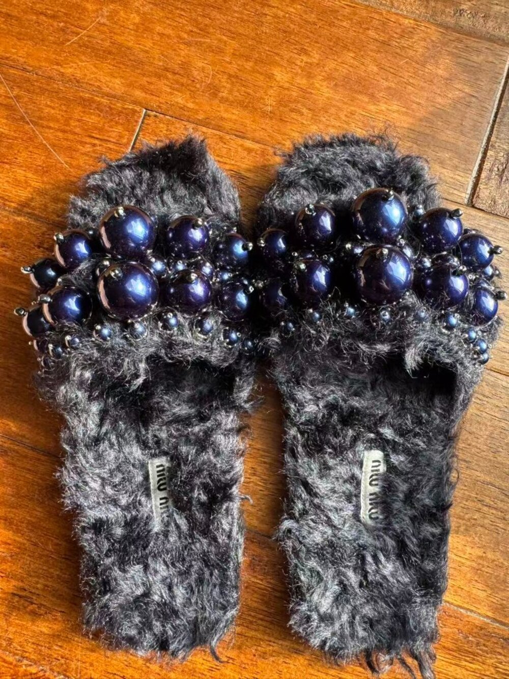 100% Authentic Miu Miu Dark Blue Embellished sandals with faux pearls, Sz 38